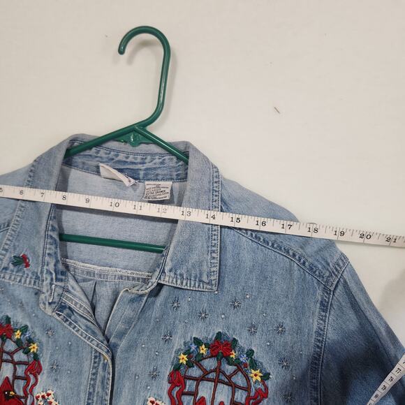 Vintage Christmas Denim Shirt Embroidered Redbirds Cardinals Long Sleeve Jean XL - Picture 11 of 15